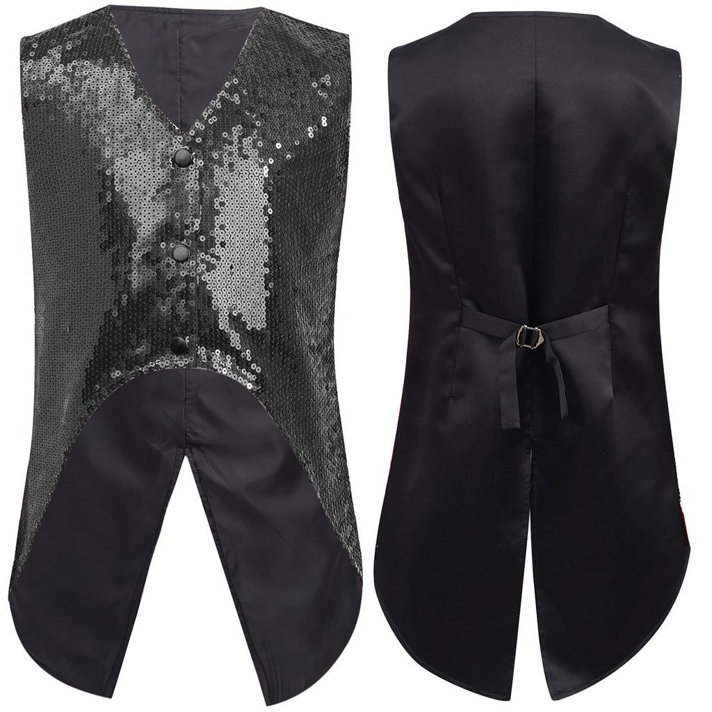 Boys Sparkly Sequin Vest Asymmetrical Hem Sleeveless Design for Parties Stage Events