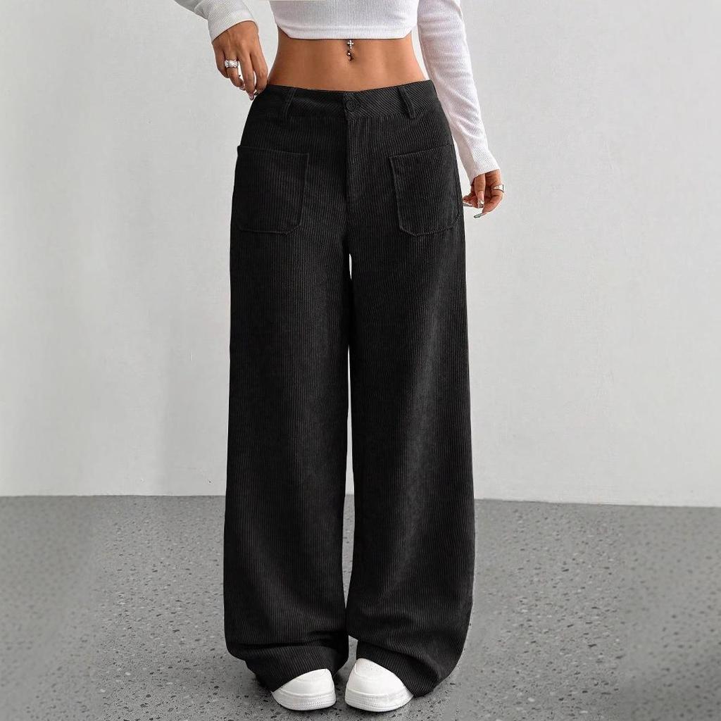 Women's Corduroy Wide Leg Pants with Patchwork Design High Waist Loose Fit Casual Trousers