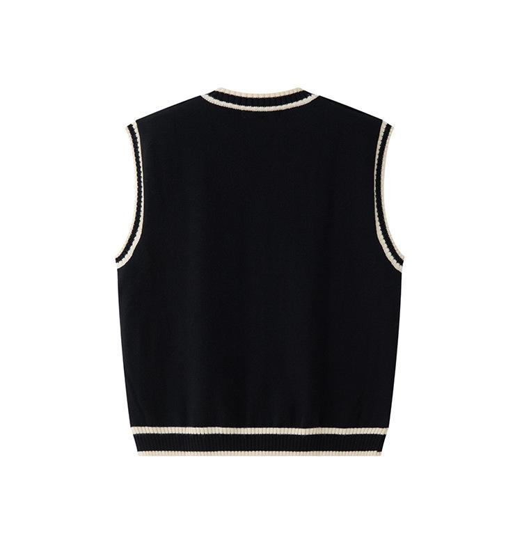 Unisex Retro Japanese Color Block V-neck Knit Vest, Basic Loose Sleeveless Sweater, Versatile Niche Style