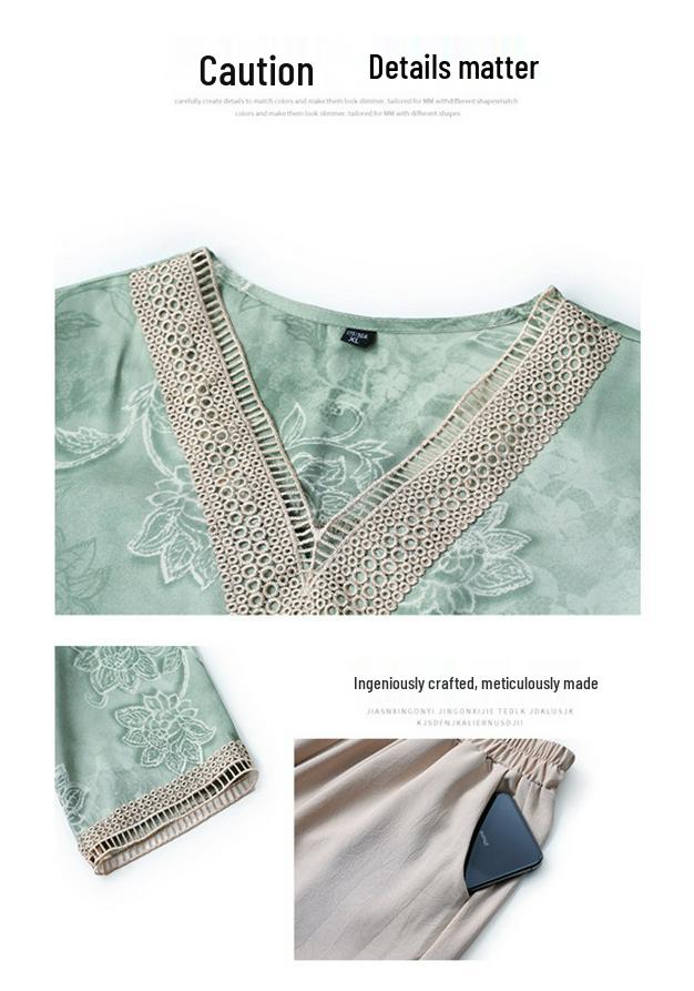 Elegant Summer Outfit: Stylish Short-Sleeve T-shirt & Pants Set for Middle-aged and Elderly Women, Plus Size Available