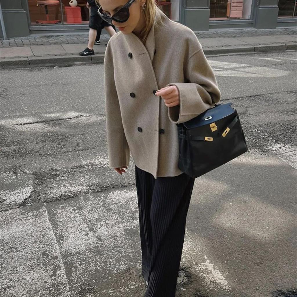 Vintage Módní kabát pro ženy Stojáček Dvouřadé sako Streetwear Dáma do kanceláře Podzimní zimní outfit Kabáty