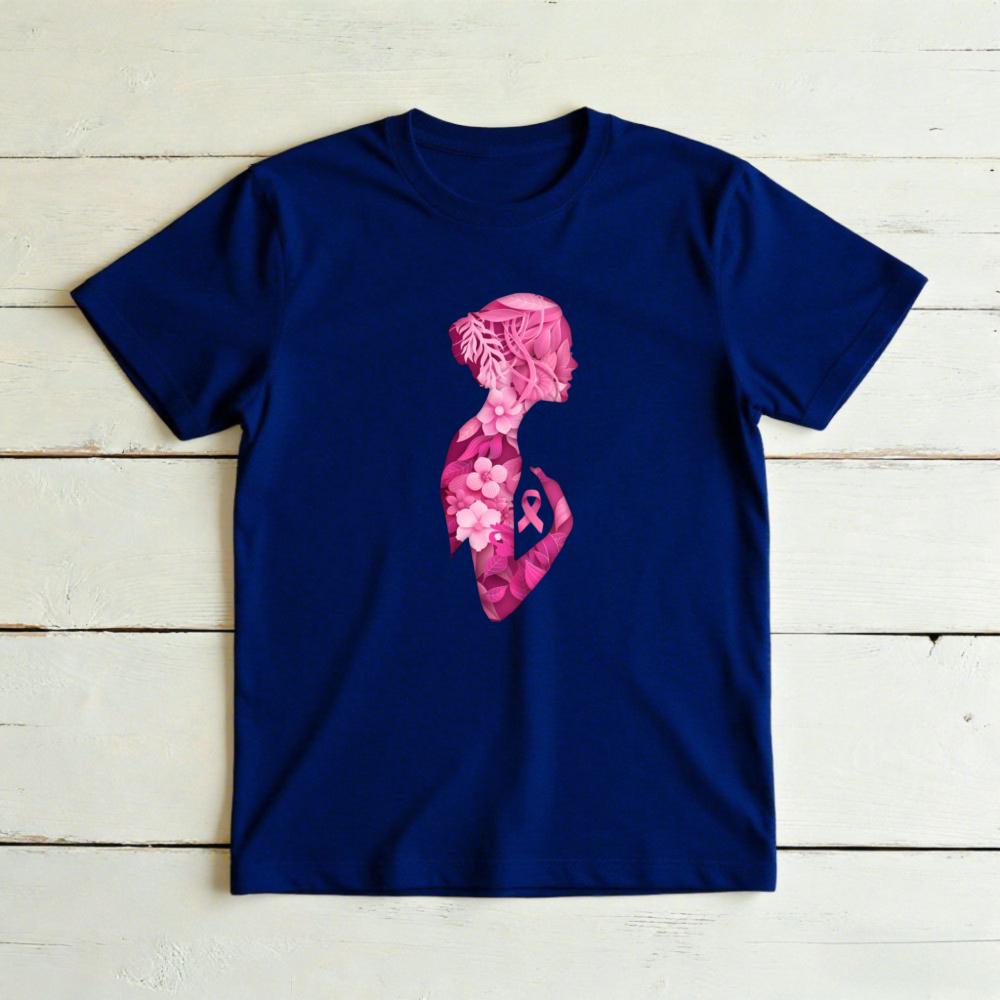 vFloral Silhouette Blackunisex Pink Ribbon Graphicunisex Summer Cotton T Shirt Inspirational Breast Cancer Short Sleeve Garment