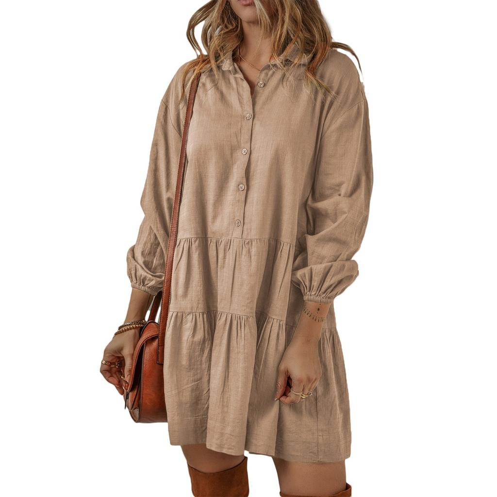 Women's Turn Down Collar Three Quarter Sleeve Shirt Dress Loose Fit Relaxed Waist Casual Tiered Mini Dress