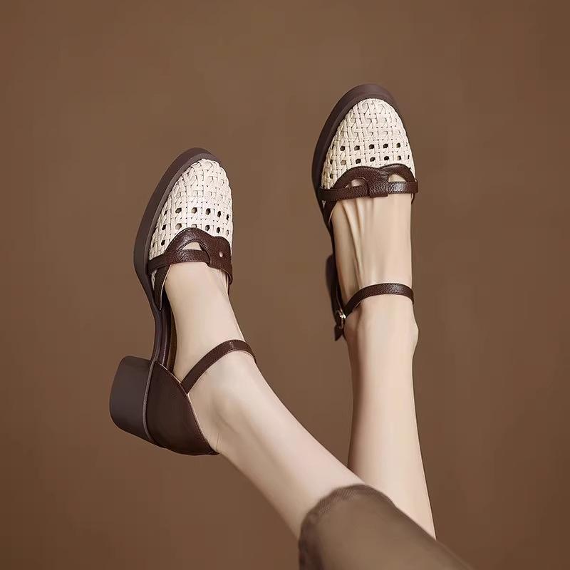 Soft leather not tired feet woven hollow high heel hollow bag head sandals women's summer 2025 new thick heel women's shoes