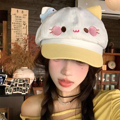 Cute Cartoon Cat Octagonal Hat Children Spring and Summer Travel Sweet Versatile Face Little Beret Student Newsboy Hat