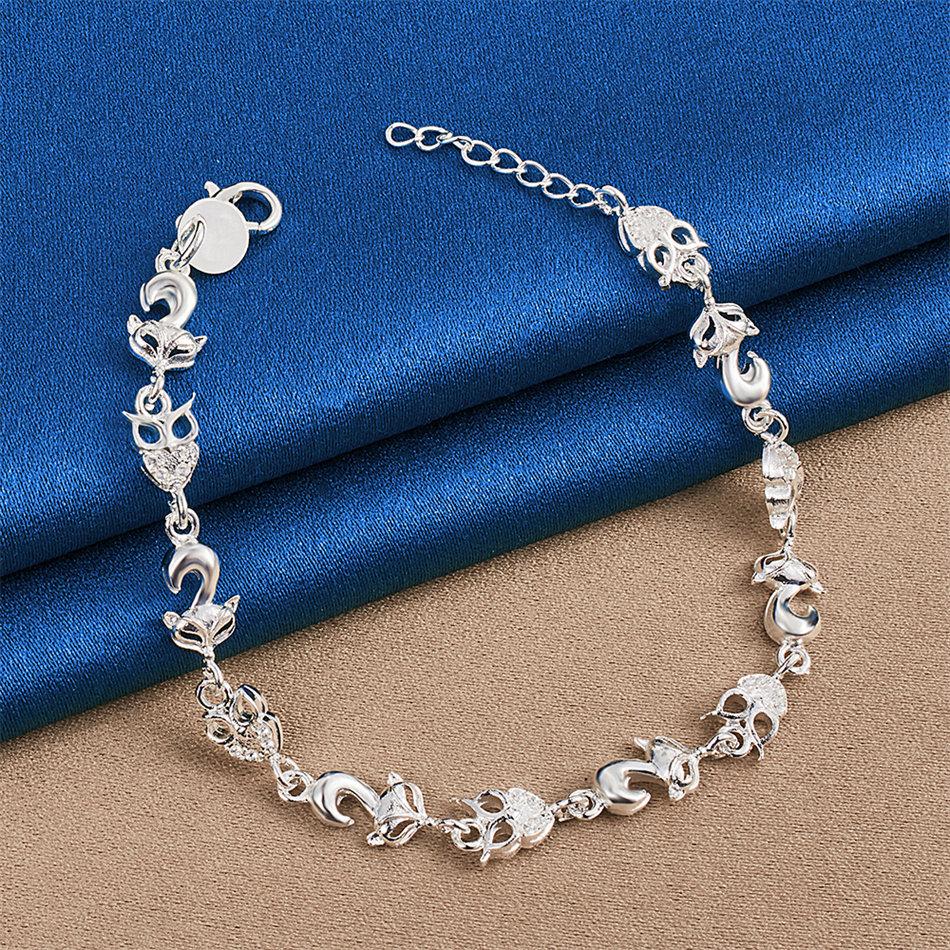 Braccialetto 925 argento sterling con ciondoli, 8 pollici, volpe cuore carino, per moda donna, regali per feste e accessori