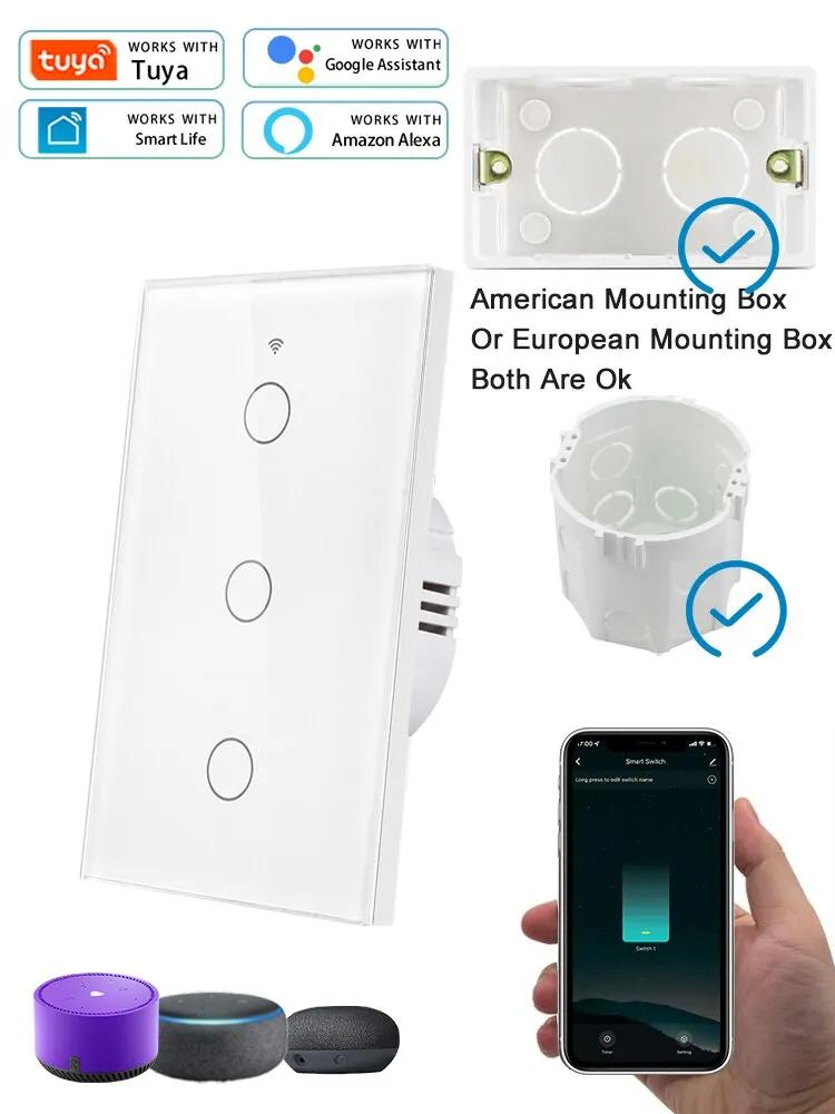 Tuya WiFi Smart Light Switch 1/2/3 Gang Touch Switch Without Neutral Line US Standard Smart Life APP Control Work Alexa Google H