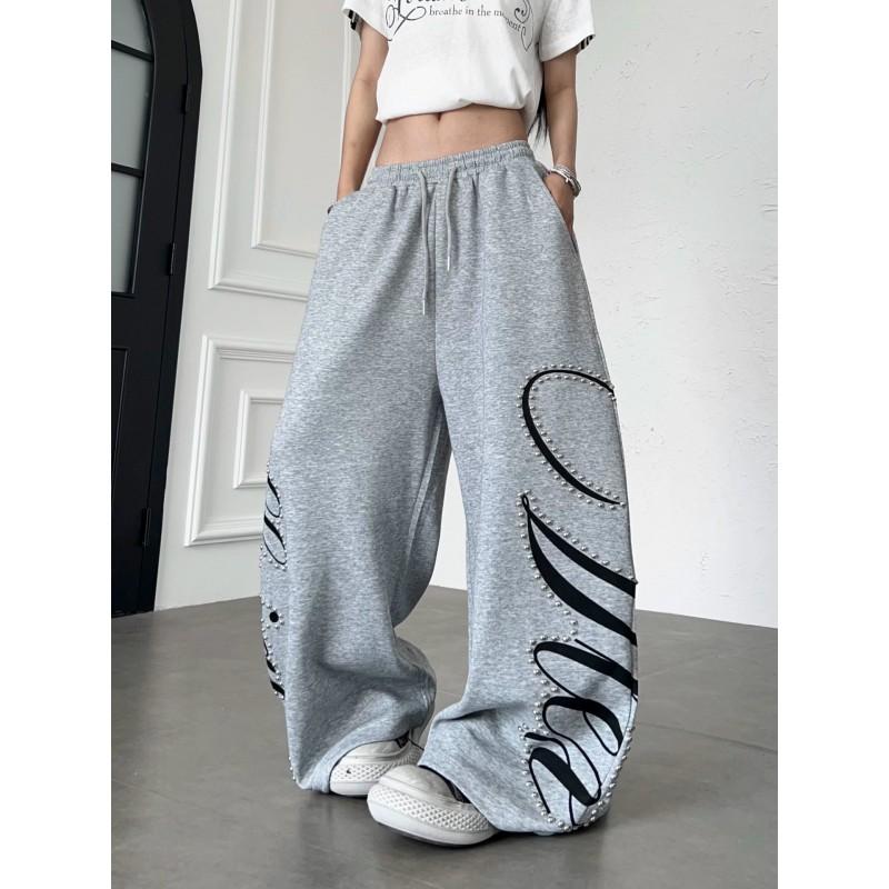 Womens Streetwear Beaded Letter Print Sweatpants Loose Wide Leg Dance Sports Pants