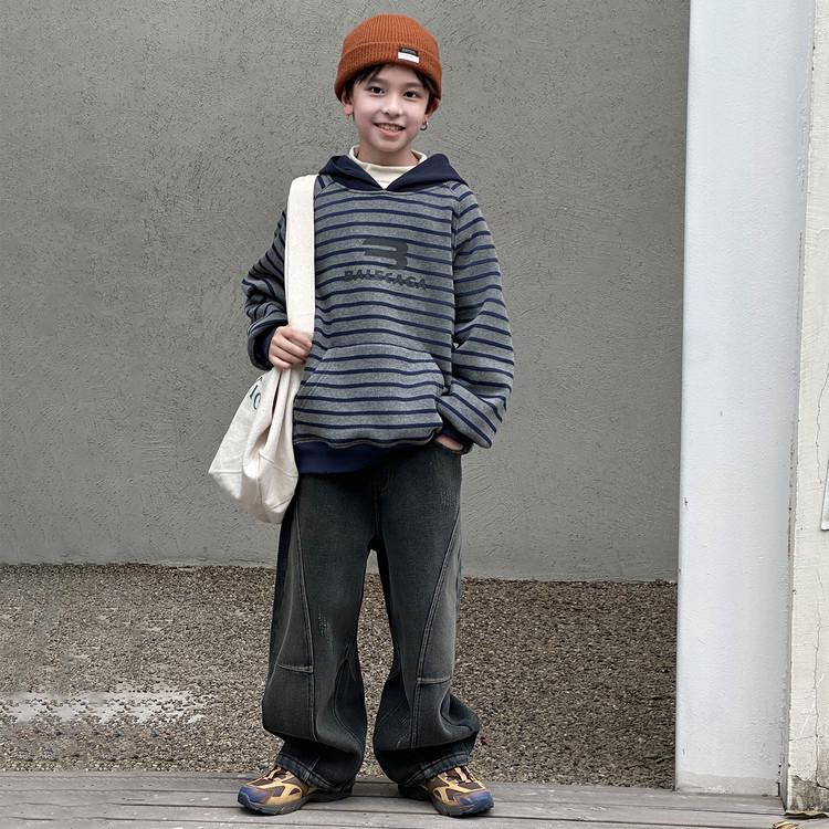 

Серая полосатая толстовка с капюшоном для мальчиков - 2025 Осень/Зима Теплый утолщенный стиль для детей 170 cm