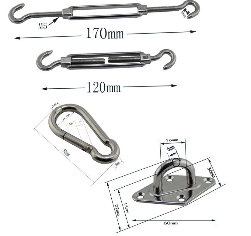

Комплект фурнитуры для солнцезащитного паруса из нержавеющей стали: Защелка, Талреп и Пряжка «Квадратный бриллиант»