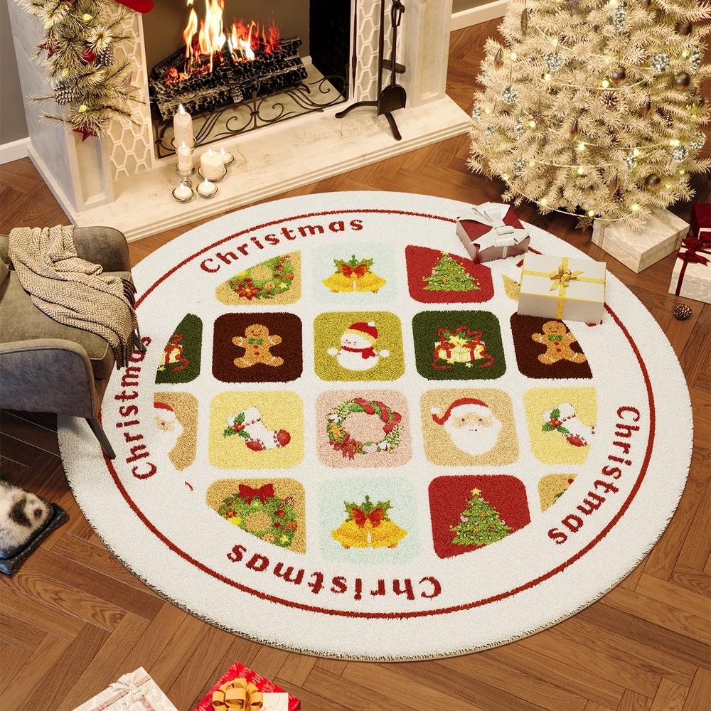 Christmas Winter Warm Synthetic Cashmere Round Rug For Living Room And Bedroom Slippery Floor Mat Home Decoration