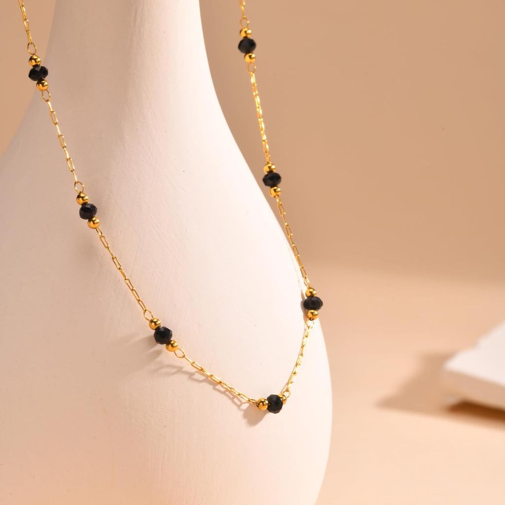 Necklace for Stainless 18K Gold Crystal [Rockyu] Women, Steel, Plated, Green, Black, Beads, Chain, 45-50cm (black)