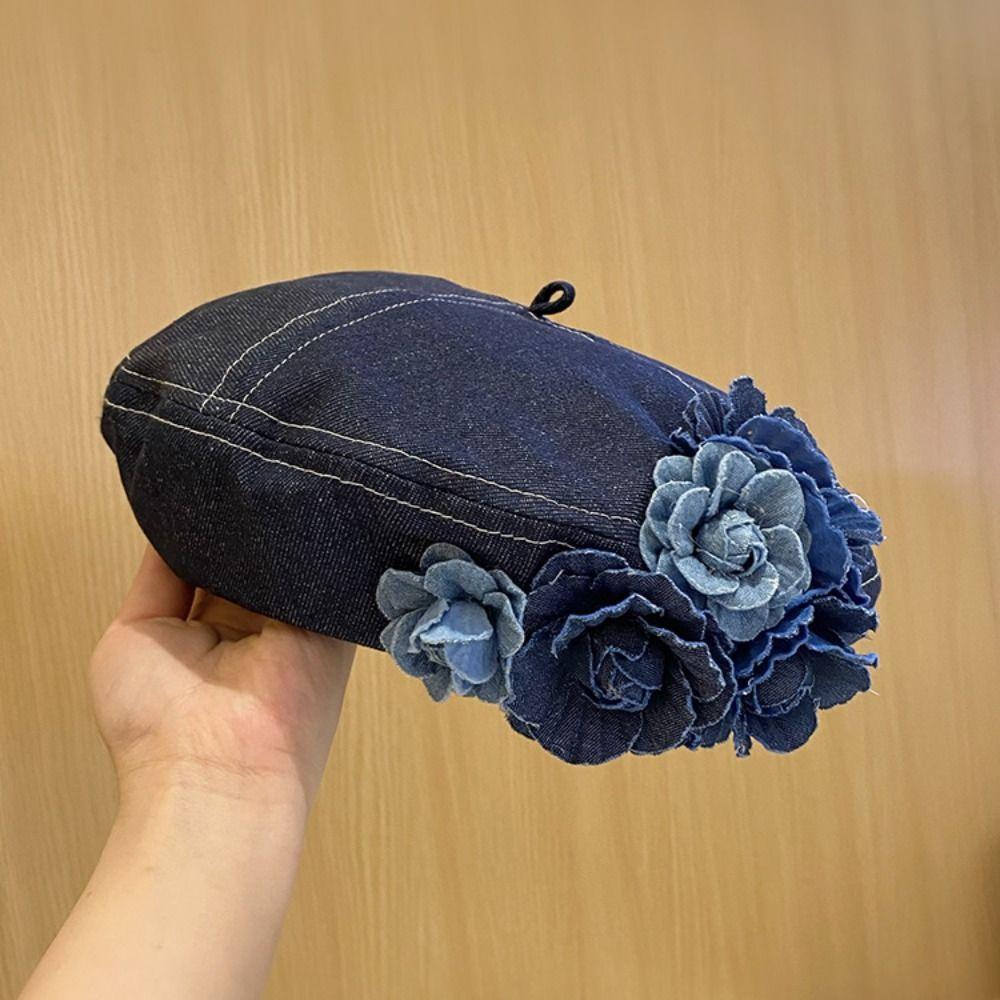 Y2K Denim Camellia Beret Hat Artistic Camellia Beret Vintage Denim Beret  Lady