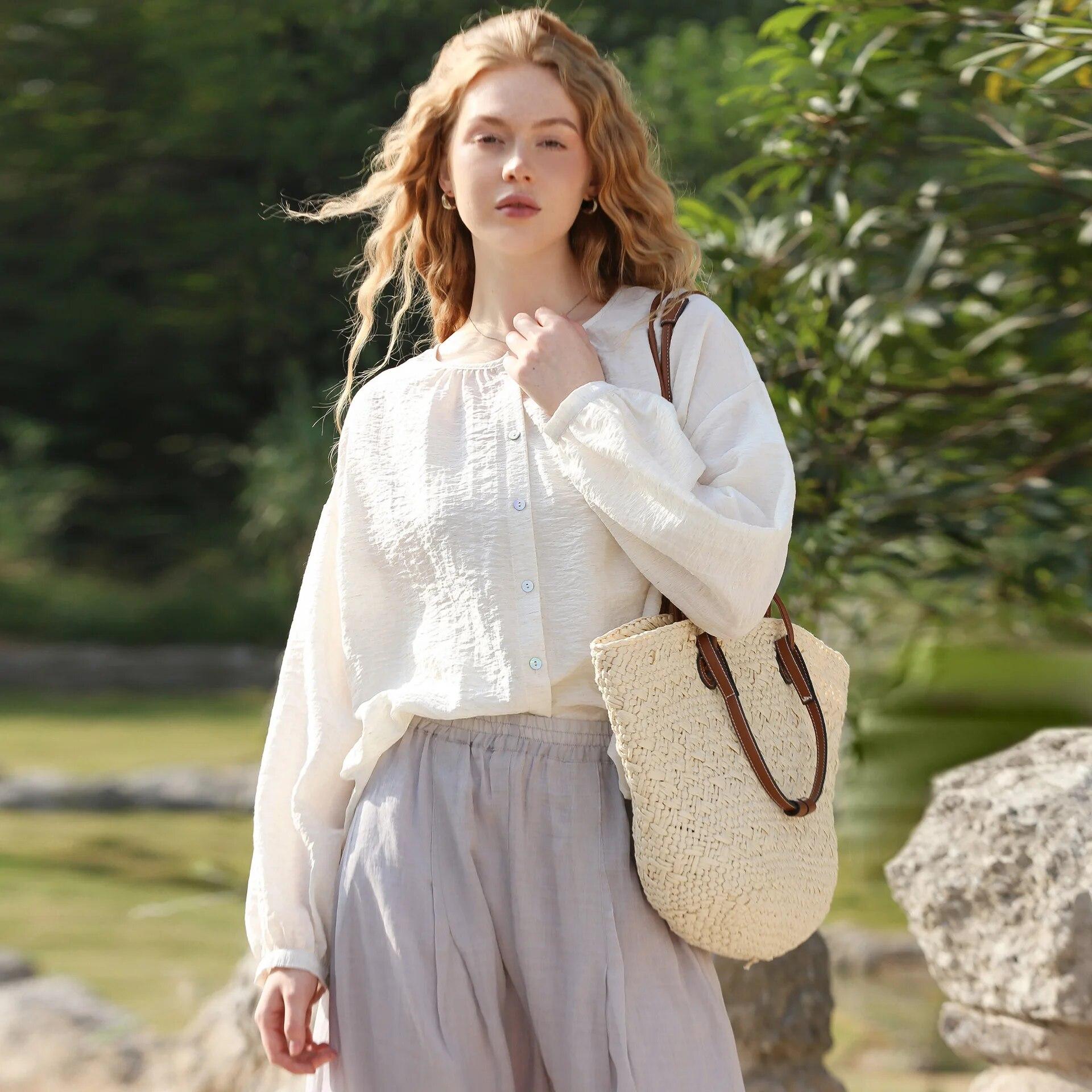 

Johnature весна-лето тонкие женские топы рубашки повседневные простые свободные тонкие солнцезащитные блузки с рукавами-фонариками One Size белый