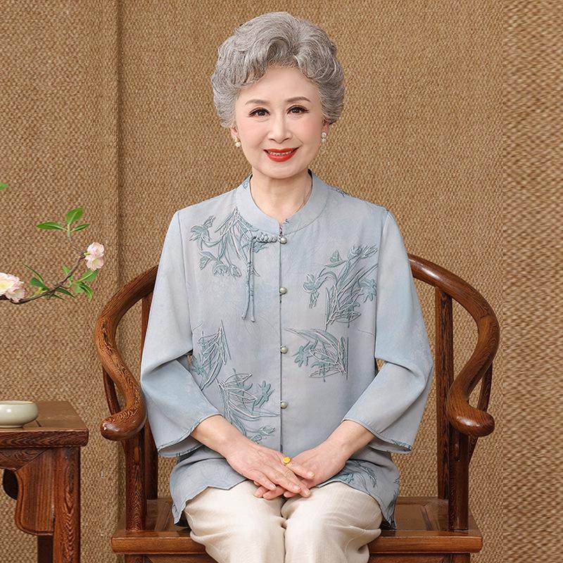

Stylish Ice Silk 3/4 Sleeve Tang Suit Shirt for Elderly Women (60-80) 2XL [115-125 jin]