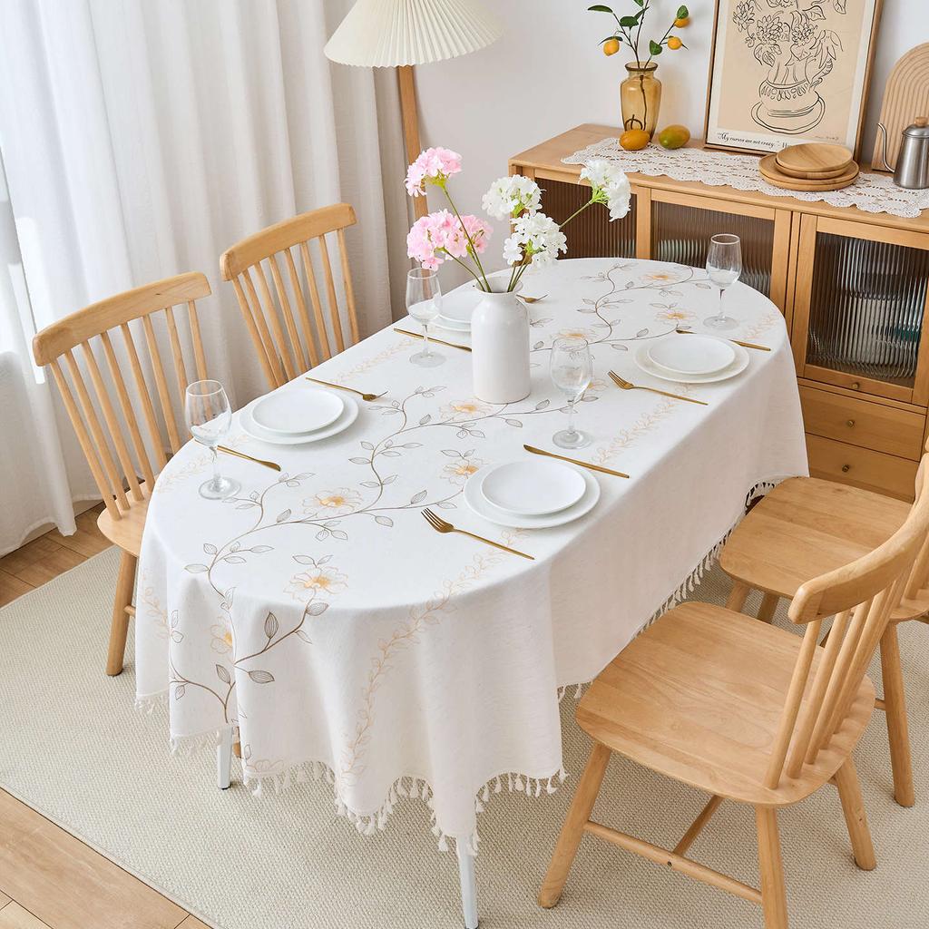 Oval Cotton And Linen Embroidered Fabric, High-Grade Tablecloth, Waterproof And Oil-Proof, Advanced Sense, Anti-Scalding And Wear-Resistant Coffee