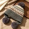 Vintage Fair Island Jacquard Ear Protector Wool Hat Women's Autumn and Winter Fleece Thickened Warm Three Hair Ball Knitted Hat Lei Feng