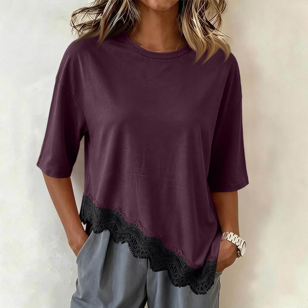 Women's Short Sleeve Lace Trim T-Shirt with Asymmetrical Hem