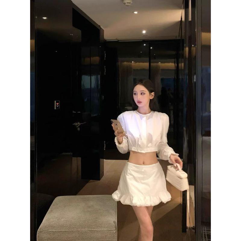 Kumikumi Fashion White Suit Short Long Sleeves Shirt Women's Autumn Slimming Easiest for Match Skirt Two-piece Set