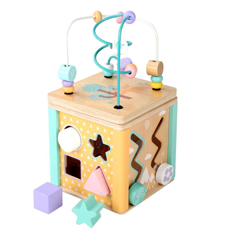 Wooden Ocean & Forest Educational Activity Cube for Children: Slide, Match, and Bead Maze Puzzle