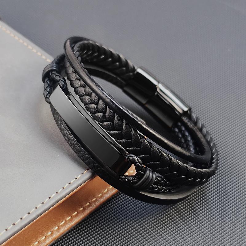 MingAo Free Custom Luxury Black Stainless Steel Family Name ID Bracelets for Men,Braided Leather Rope Chain Wristband Jewelry