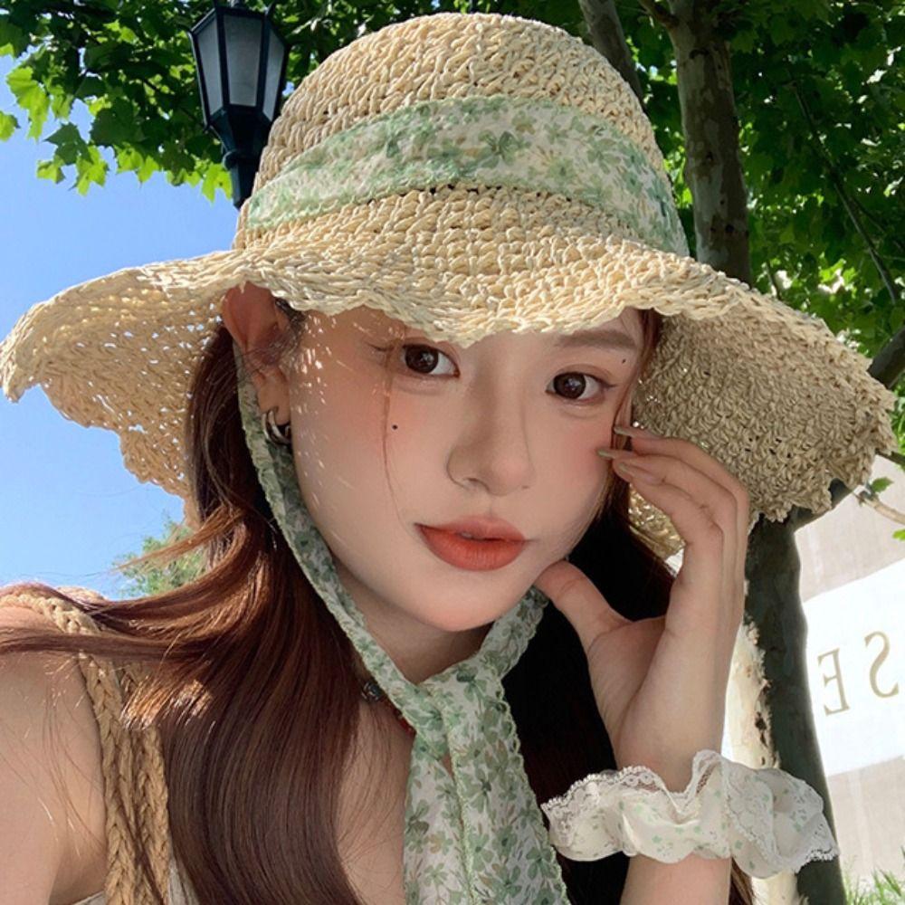 French Style Bow Ribbon Straw Hat Spring Summer Women's Sun Hat Sweet Lace Straw Hat  Travel
