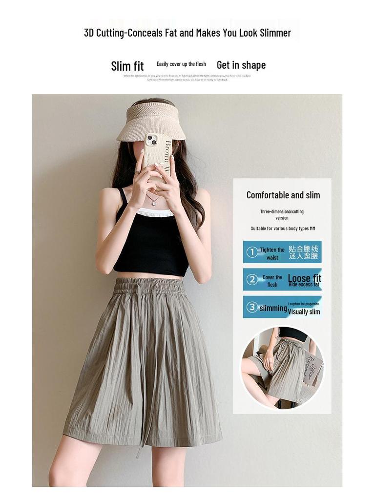 Women's High Waist Ice Silk Wide-Leg Shorts - Summer Casual, Slimming, Loose Fit, Mid-Length