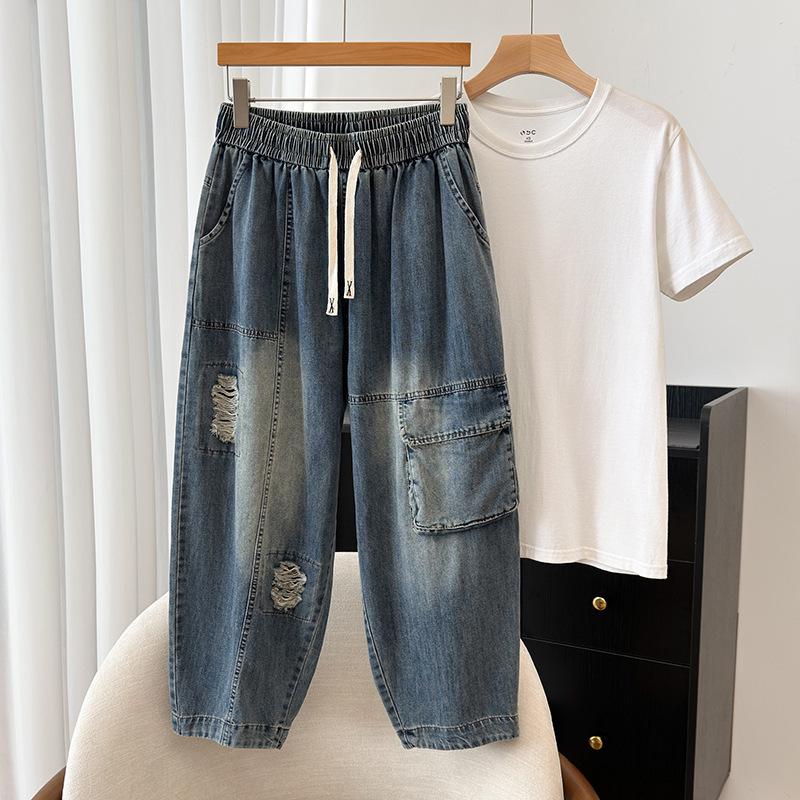 Women s Plus Size Elastic Waist Denim Harem Cropped Pants 4XL (140-160 jin)