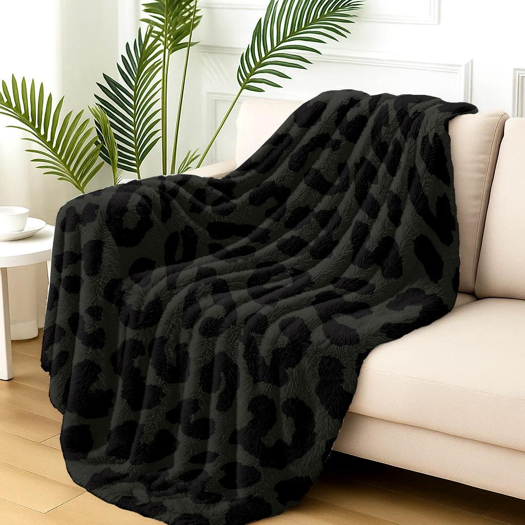 Black Gold Leopard Flannel Blanket, Luxury Plush All-Season Throw, Oversized Bedspread for Home Travel, Machine Washable Decor