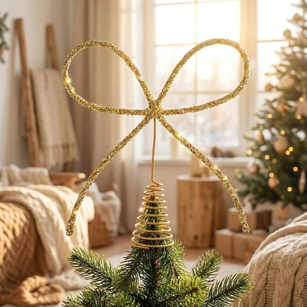 Bow Shaped Christmas Tree Topper Glitter Finish Tree Top Decoration Home Party Decor