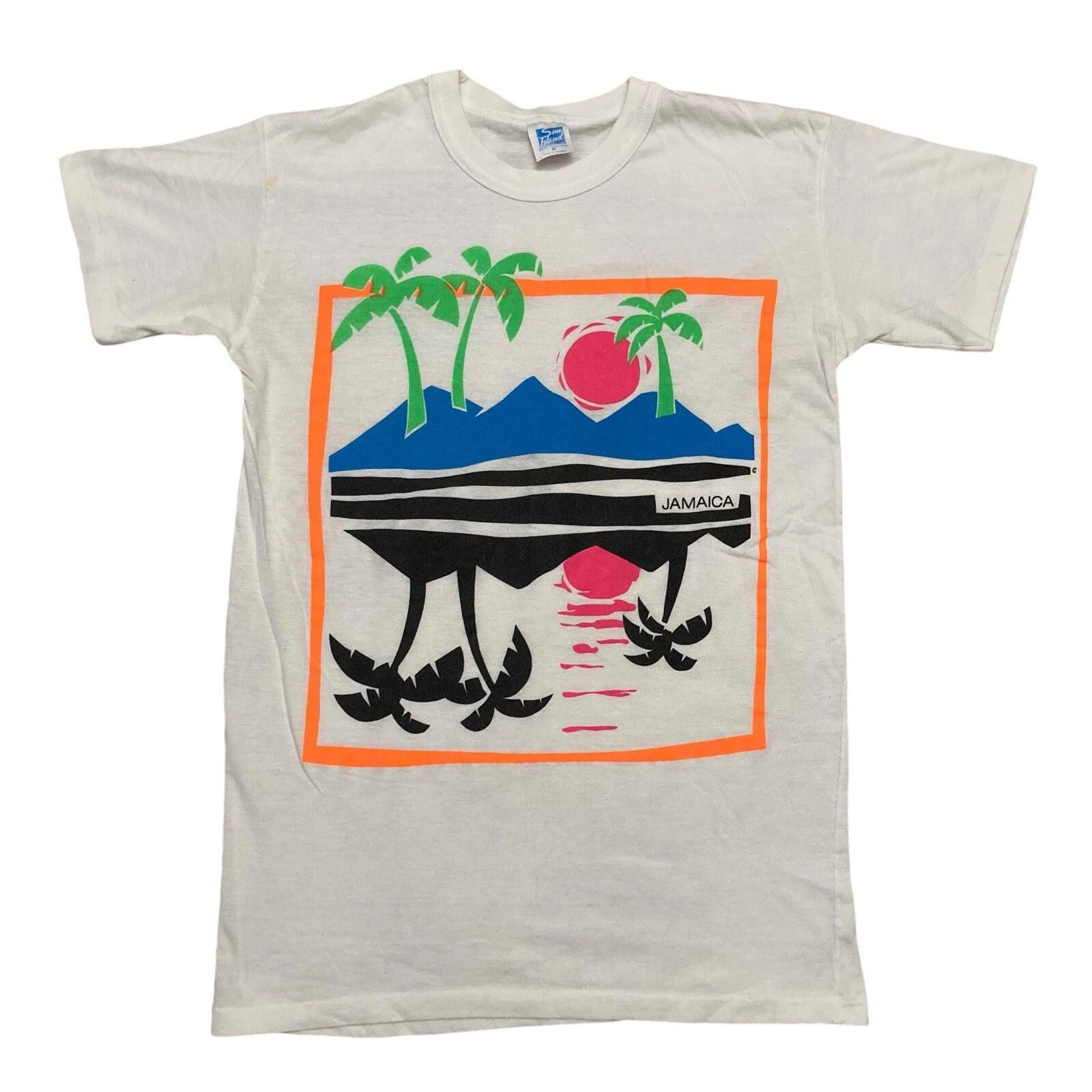 VTG Jamaica Neon Beach Scene Sun Palm Trees T-shirt M Sun Island Single Stitch S