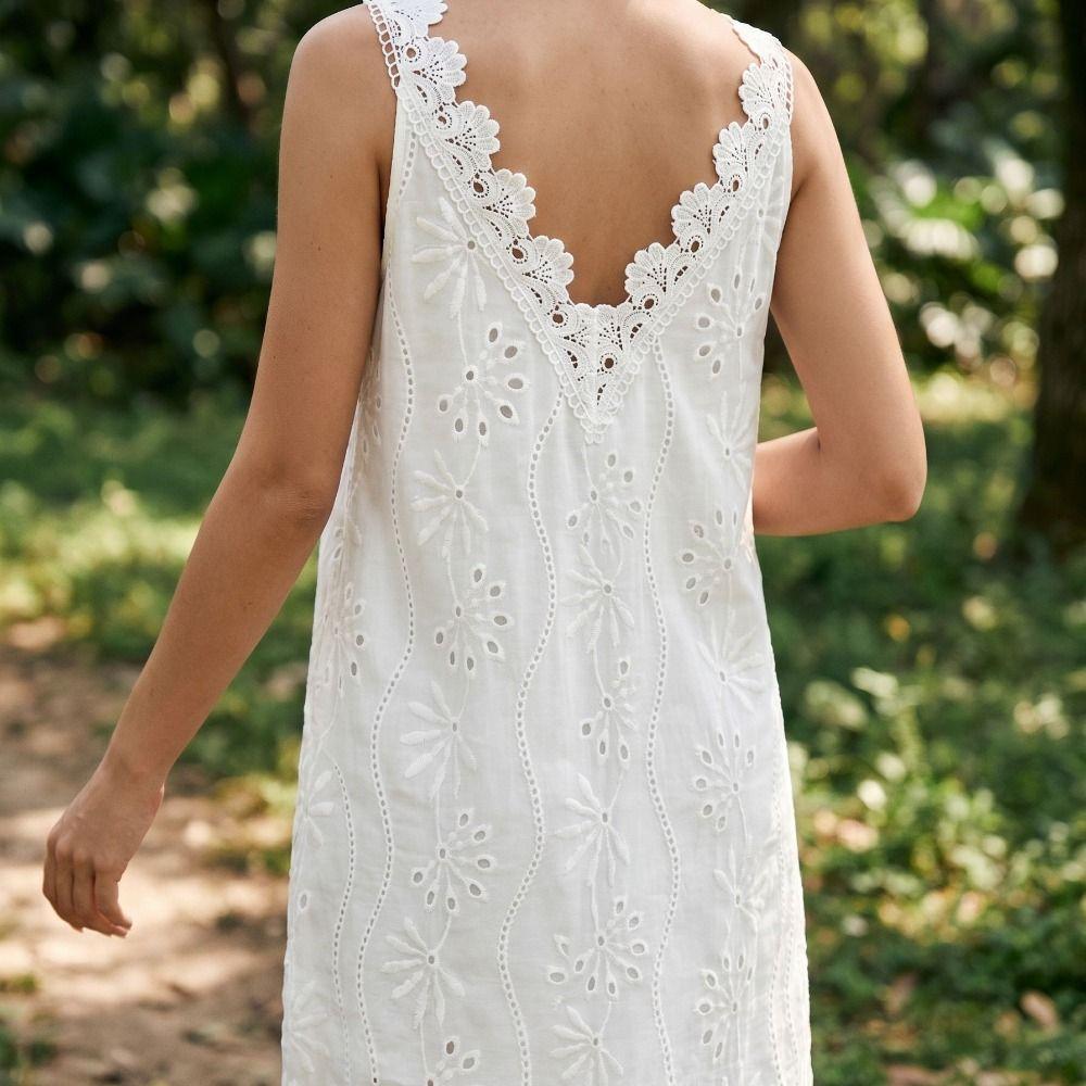 A-line Summer Casual Skirt Embroidery Mid Dress Fashion V-Neck Lace Dress Beach Vacation