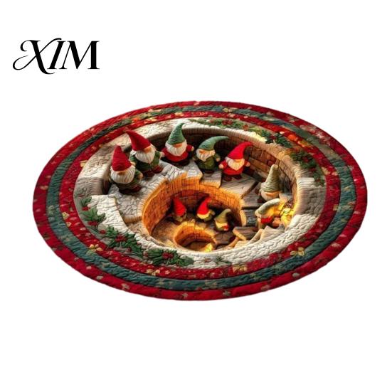 Holiday Party Floor Decoration Christmas Round Rug, 3D Illusion Mat, Winter Carpet, Soft Gnome Deer Crystal Velvet Mat Santa House Festive Rug