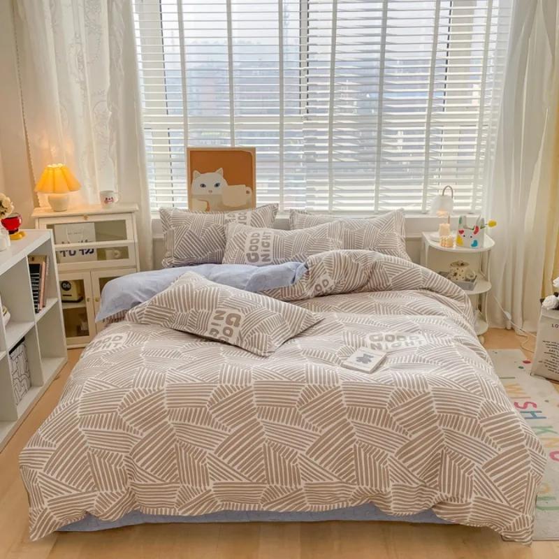 small fresh pure cotton abraded four-piece set, skin-friendly bed sheet washed cotton quilt cover, dormitory three-piece set