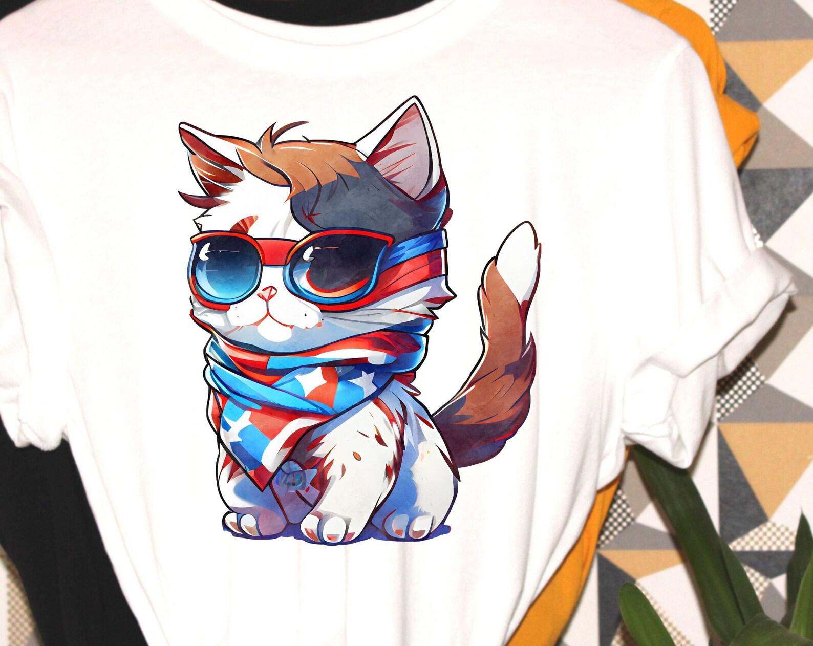 All American Cat, patriotic tshirt, patriotic kitten, USA colors, made in USA, fun holiday shirt, great holiday gift L