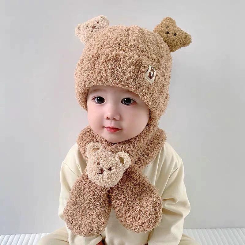 Baby Hat Autumn and Winter Plush Baby Hat Scarf Integrated Two-piece Set Children's Plush Warm Ear Protector Knitted Hat