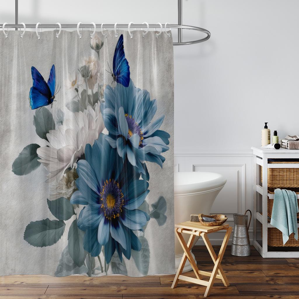 1PC 3D Floral, Daisy Pattern Printed Shower Curtain, Waterproof, with 12 Hooks, Bathroom Showers, Bathtub, Home Use