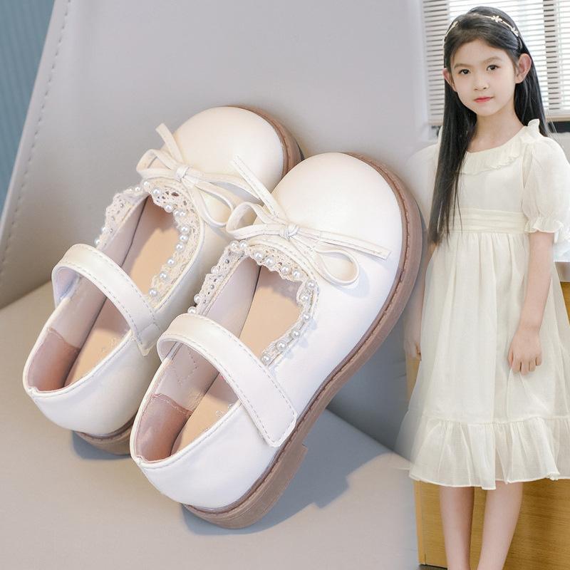 Girls Leather Shoes Black Matte Kids Flat Shoes Round Toes Non-slip 2025 Spring Autumn New Girls Performance Shoes Bows Sweet