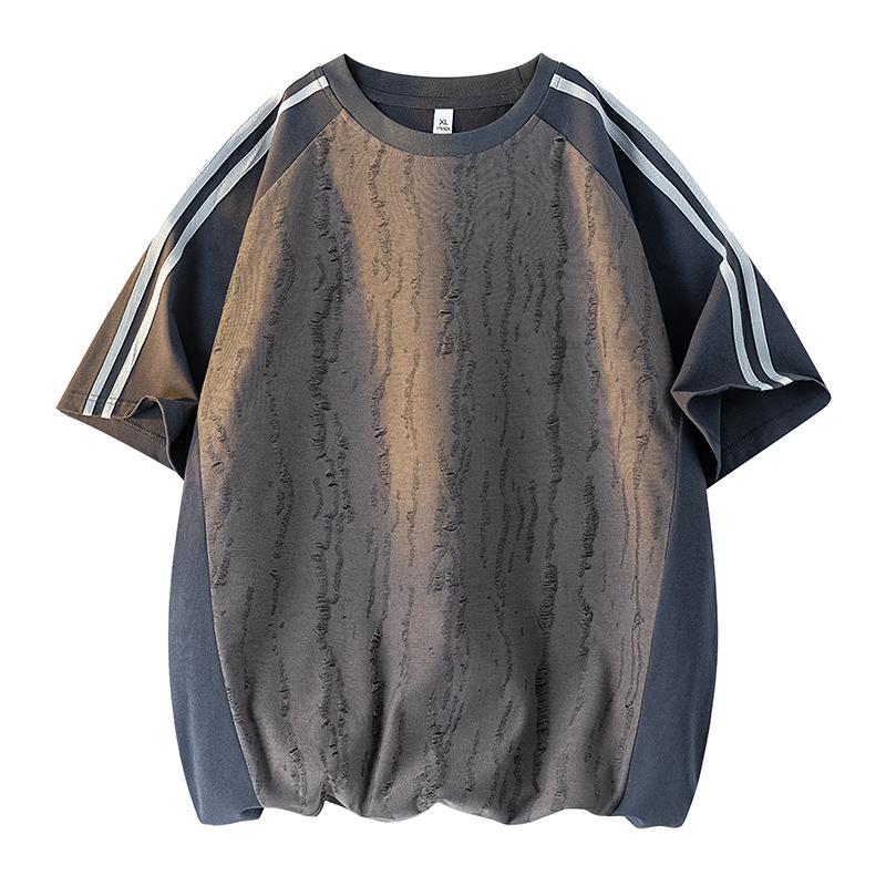 

Striped Loose Round Neck T-shirt Men s Summer Casual Short-sleeved T-shirt 2XL темно-серого