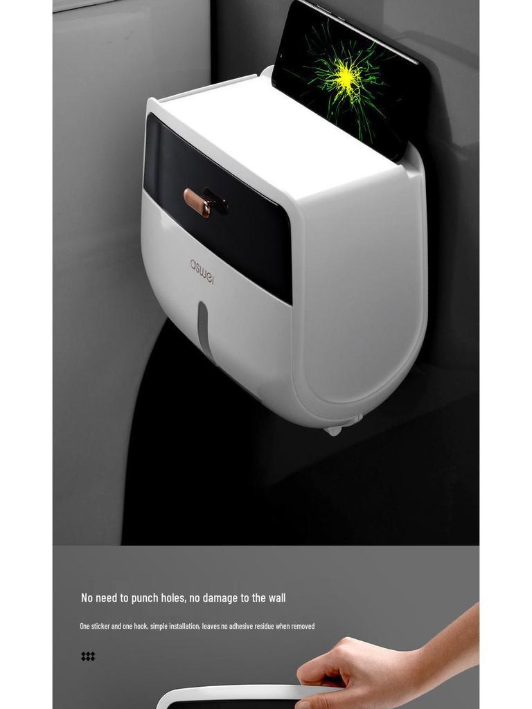 Punch-Free Wall-Mounted Waterproof Tissue and Toilet Paper Holder with Double-Layer Storage