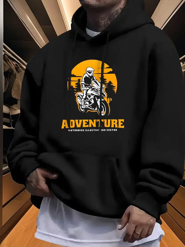 Casual Fleece Hoodie with Motorcycle Adventure Graphic Print
