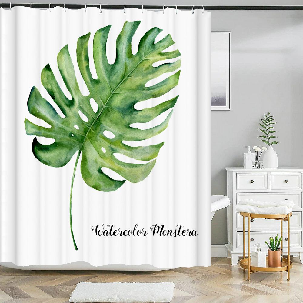 High Quality Green Plant leaves Fabric Shower Curtain Waterproof Monstera leaf Bath Curtains for Bathroom Decor with Hooks