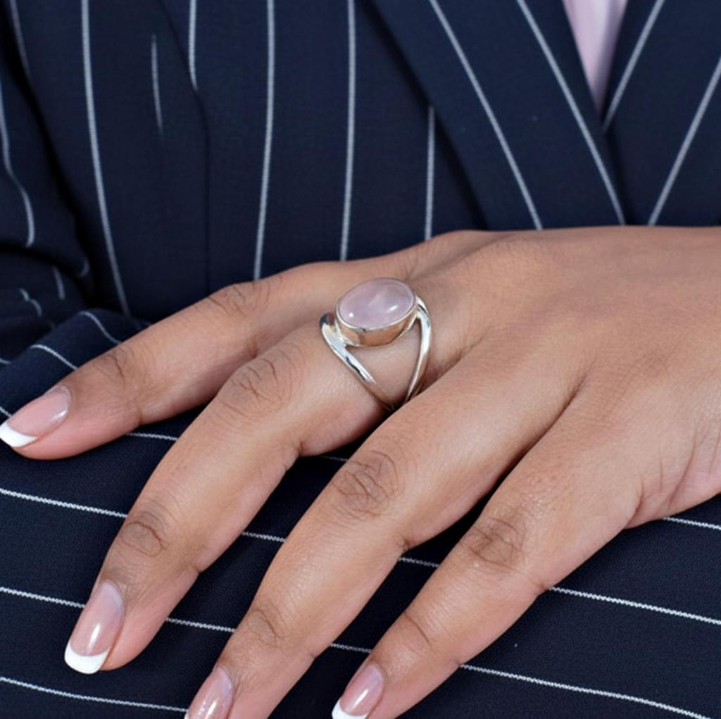 925 Sterling Silver Rose Quartz Ring, Minimalist Boho Gemstone Jewelry, Handmade Statement Ring for Women