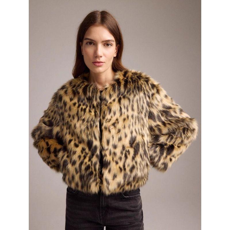 

European and American Single S-L Leopard Print Jacket High-Grade Plush American Street Imitation Fur Short Outerwear Environmental Protection Fur Leopard print L