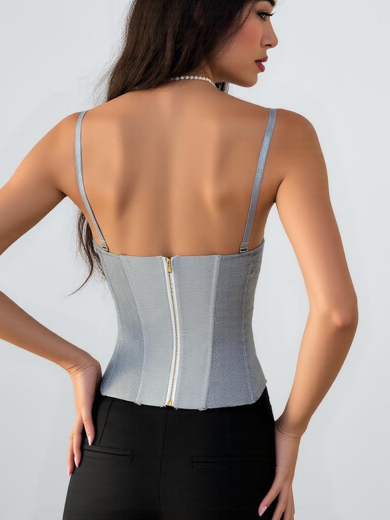 European & American INS-Style Patchwork Color Block Fishbone Chest Shaping Sexy Vest for Women