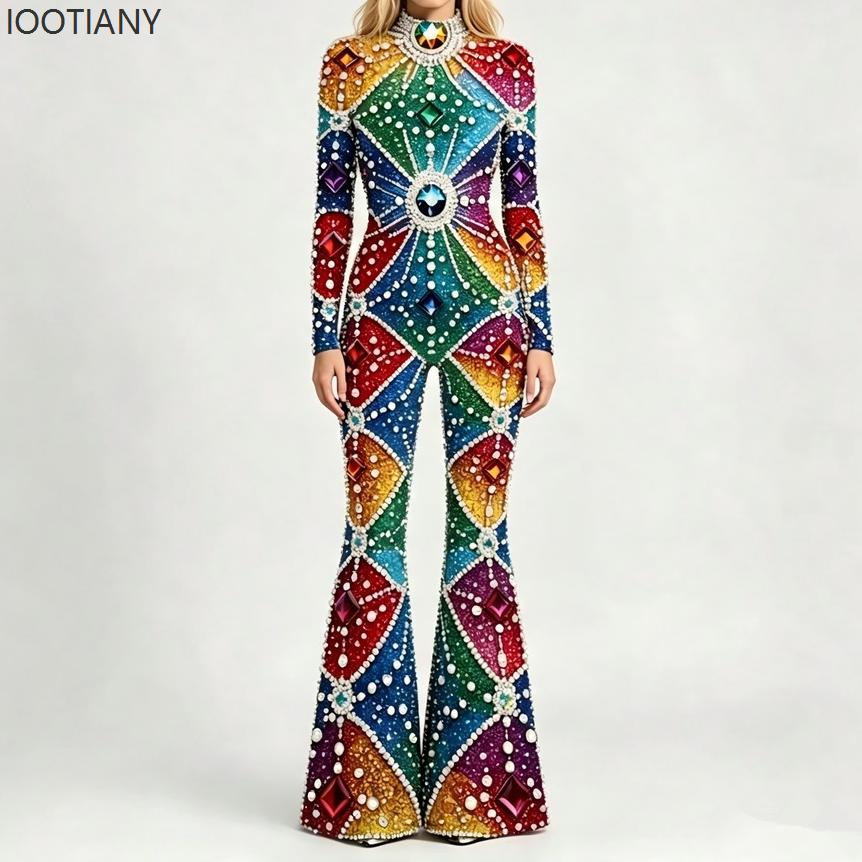 Women Christmas Flare Jumpsuit Candy Cane Snowflake Pattern Bell Bottom Skull Bodysuit Halloween Xmas Clubwear Party Costume