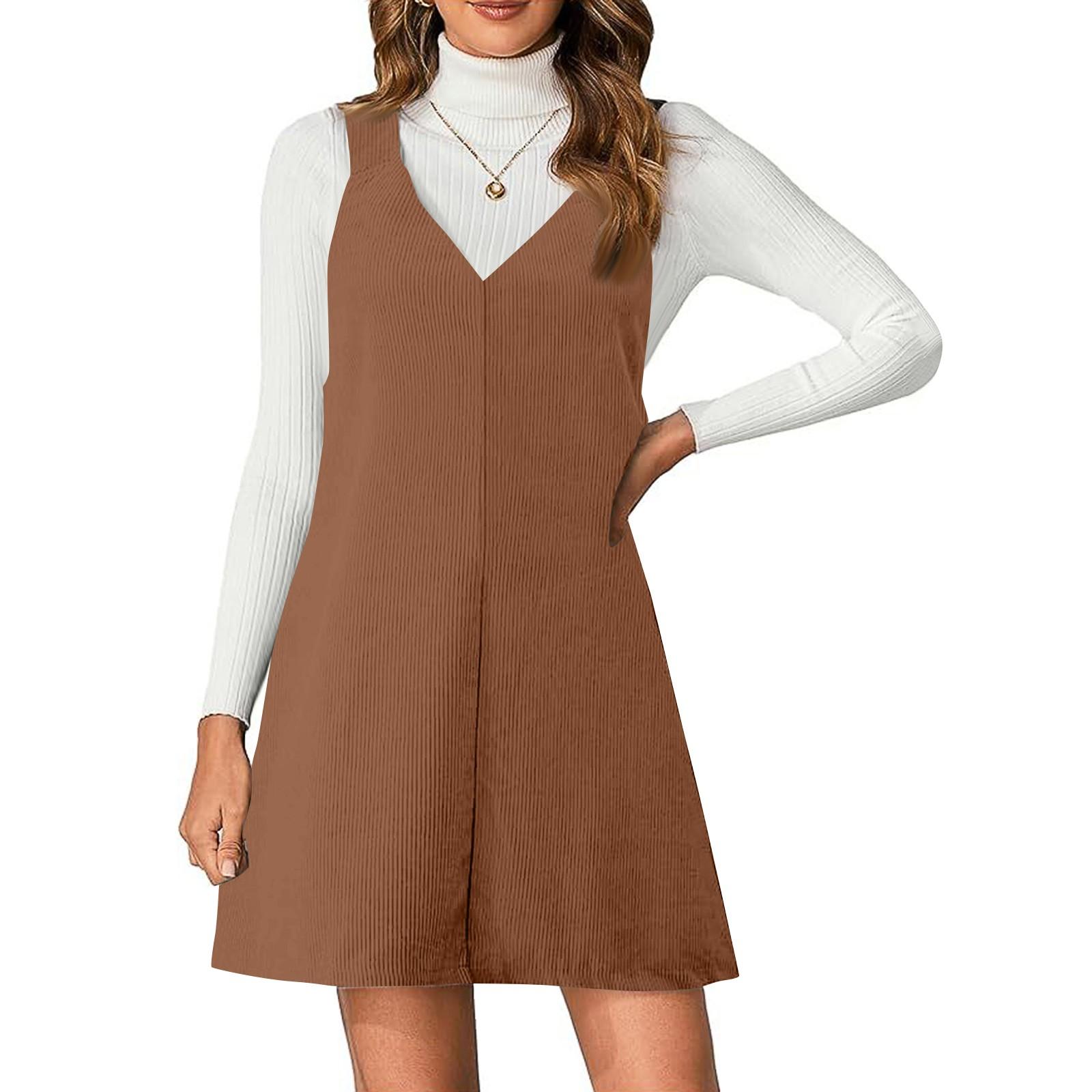 

Ladies Loose Casual Slimming V-neck Solid Color Corduroy Fashionable Shoulder Strap Skirt M кавовий
