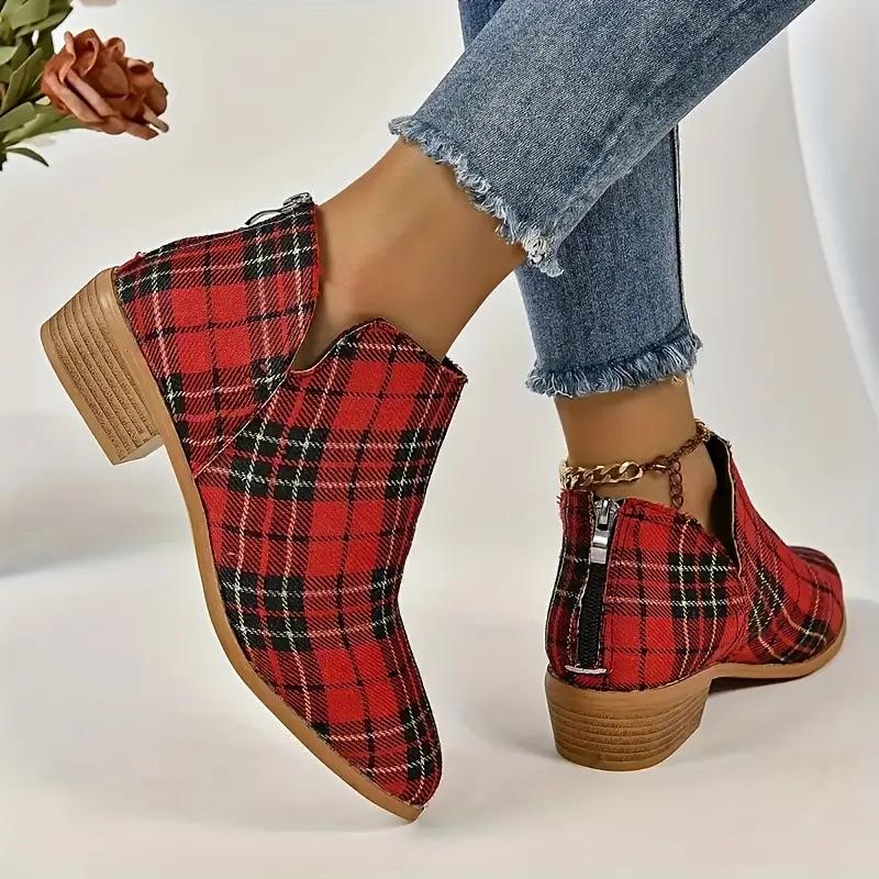 Fashion Ankle Boots Women's Christmas Plaid Print Zipper Retro Red Plaid Chelsea Boots Outdoor Platform Shoes Classic Side Booties