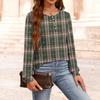 Women's Fashion V-Neck Button-Up T-Shirt With Check Print Long Sleeves