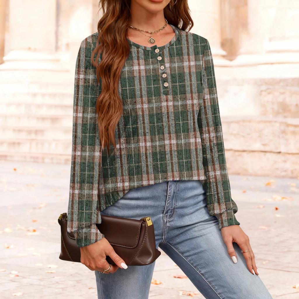 Women's Fashion V-Neck Button-Up T-Shirt With Check Print Long Sleeves